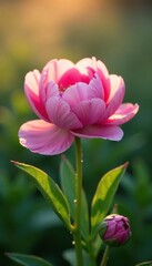 Fototapeta premium A delicate pink peony flower blooming in the early morning dew, wildflowers, spring blooms