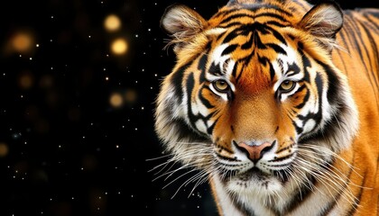 Fototapeta premium Majestic tiger staring intently jungle wildlife photography dark environment close-up nature's beauty