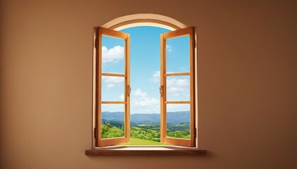 Fototapeta premium A window open with a view of a beautiful green valley 664