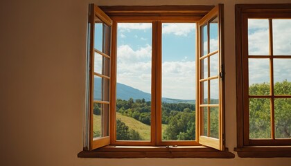A window open with a view of a beautiful green valley
663
