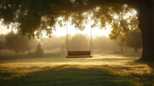 Zoom Virtual Background: A serene swing hanging from a tree in a sunlit meadow. Concept of relaxation and nature. Sunshine Wallpaper