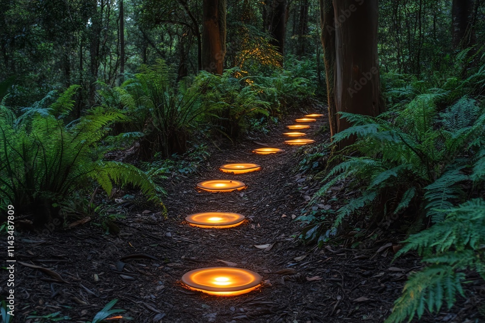 Poster a forest pathway illuminated by glowing circular lights amidst lush greenery.