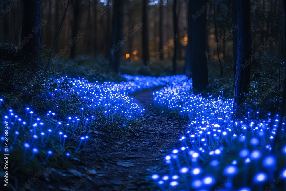 Poster a serene forest path illuminated by glowing blue flowers, creating a magical atmosphere.