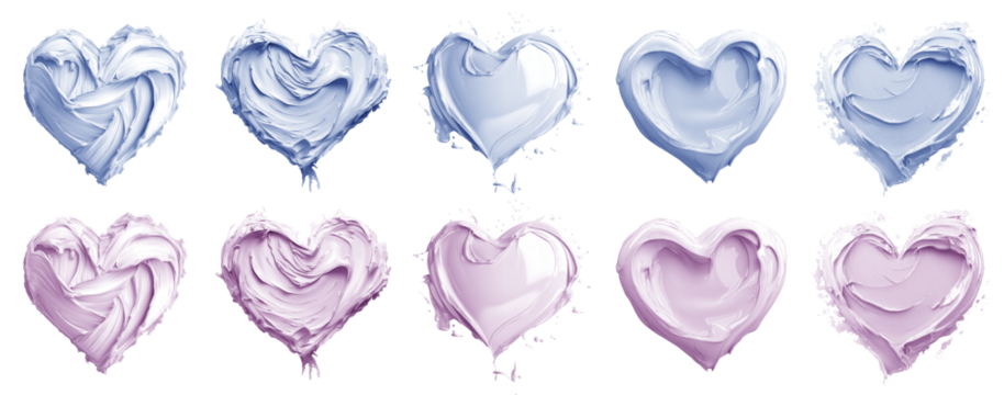 2 Collection set of pastel light blue purple, love heart shape blob paint ink liquid smear smudge swatch cream gel wax on transparent cutout, PNG file. Many different design. Mockup template artwork	
