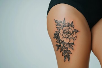 A woman has a tattoo of a flower on her leg
