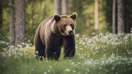 Fototapeta premium Majestic brown bear walks gracefully through a flowering forest wide shot photo. AI Generated