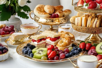 Afternoon tea at home with gold plates. Fruits, danish, and sandwiches all homemade for a healthy snack. isolated on white background close up side view