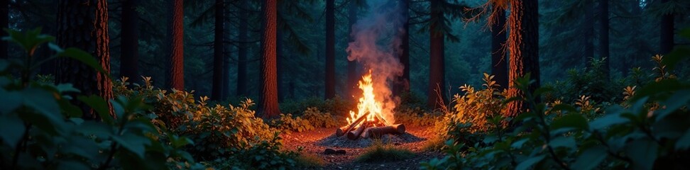 A dense thicket of bushes and foliage surrounding a small bonfire that casts a warm light on the night forest, warm light, peaceful