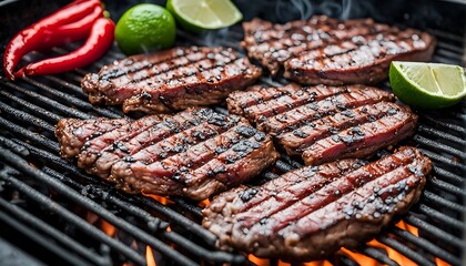 carne asada sizzling on the grill