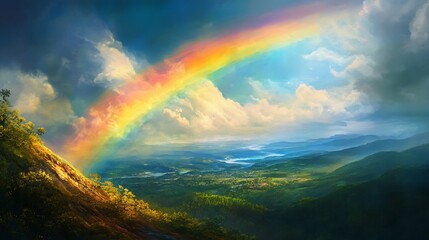 Vibrant Rainbow Arcing Over Lush Mountain Valley Landscape - Digital Painting. AI Generated