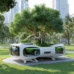 Modern Eco-Friendly Pod with Tree in Urban Green Space