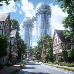 Naklejka premium Modern skyscrapers beside charming traditional houses in harmonious blend