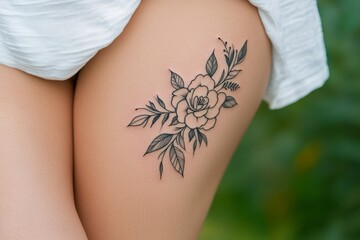 A woman has a tattoo of a flower on her leg