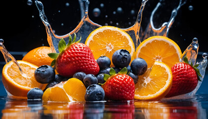"An Assortment of Colorful Fruits (Strawberries, Oranges, Blueberries) Splashing into Crystal-Clear Water with Vivid Droplets Frozen Mid-Air – Bright Lighting and Sharp Focus for Freshness"