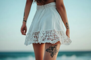 A woman with tattoos on her arm and leg is wearing a white skirt