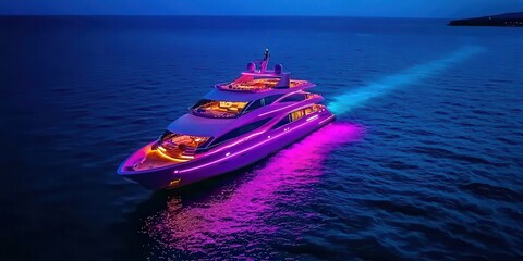 Luxury yacht party at night ocean aerial view colorful lights relaxation vibrant atmosphere