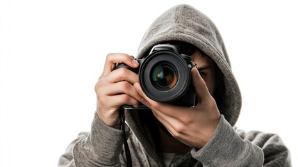 Fototapeta premium A photographer wearing a comfortable hoodie, holding a DSLR, looking relaxed, isolated on white