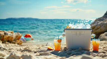 Refreshing drinks and cooler on sunny beach with clear water