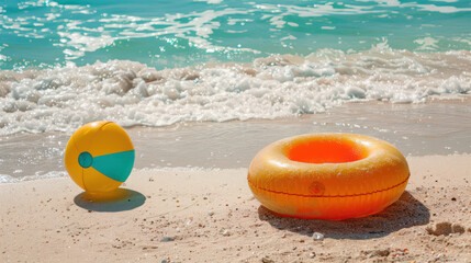 Obraz premium Bright beach scene with orange float and beach ball on sandy shore