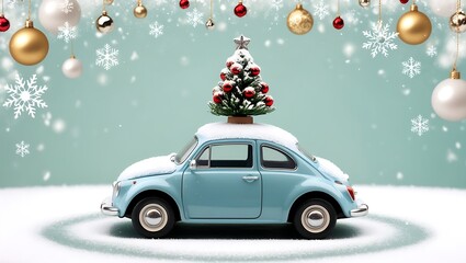 "Whimsical digital scene with a vintage light blue toy car carrying a decorated Christmas tree on snowy ground, set against a pastel teal bokeh background."