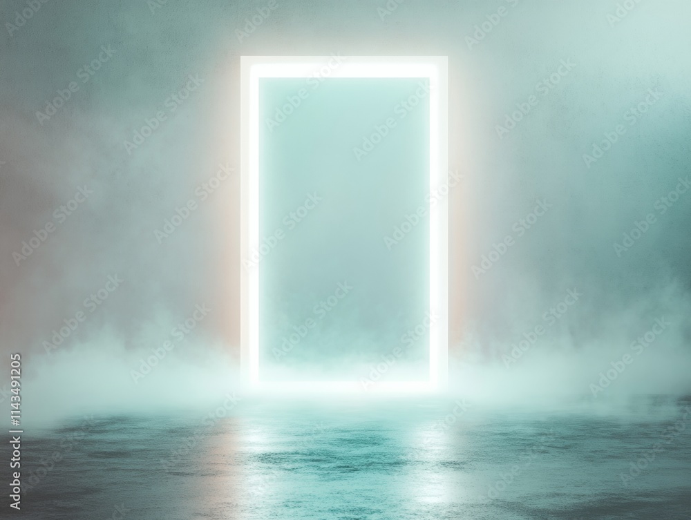 Poster Surreal Minimalist Room with Glowing Rectangular Frame in Misty Atmosphere