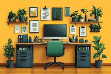 Office background with abstract elements such as office chairs and desk items.  A minimalist office space with white walls, simple furniture, and clean lines. The desk is clutter-free, line art vector