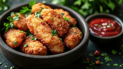 Fototapeta premium A bowl of crispy fried snacks garnished with herbs and served with a dipping sauce.