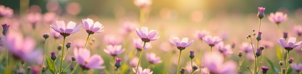 Fototapeta premium A field of pale pink and lavender wildflowers swaying gently, soft focus, wildflowers