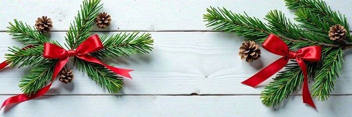 A fir branch with red and green ribbons and pinecones on a rustic white wooden plank, forest ambiance, Christmas decorations, garland