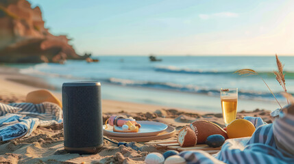 beach picnic scene featuring portable speaker, food, and drinks