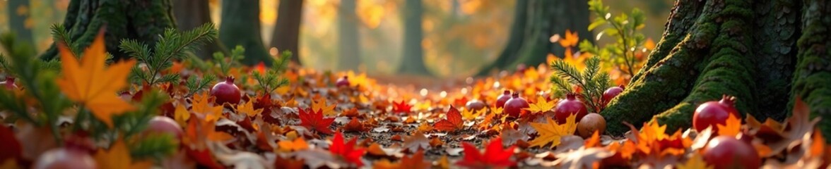 a forest floor covered in autumn leaves and pomegranate and pine branches, landscape photography, fall colors, changing seasons