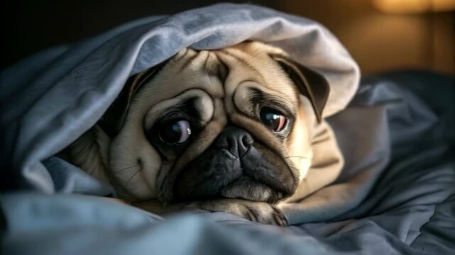 Crying sad pug under blanket waiting for apology from unaware dog, showing emotional hurt, silent cry, unspoken feelings and unrequited love in a cozy dark room. Funny pet concept, comic pet drama 