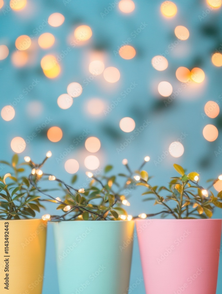 Poster Colorful Planters with Festive String Lights Against Soft Bokeh Background