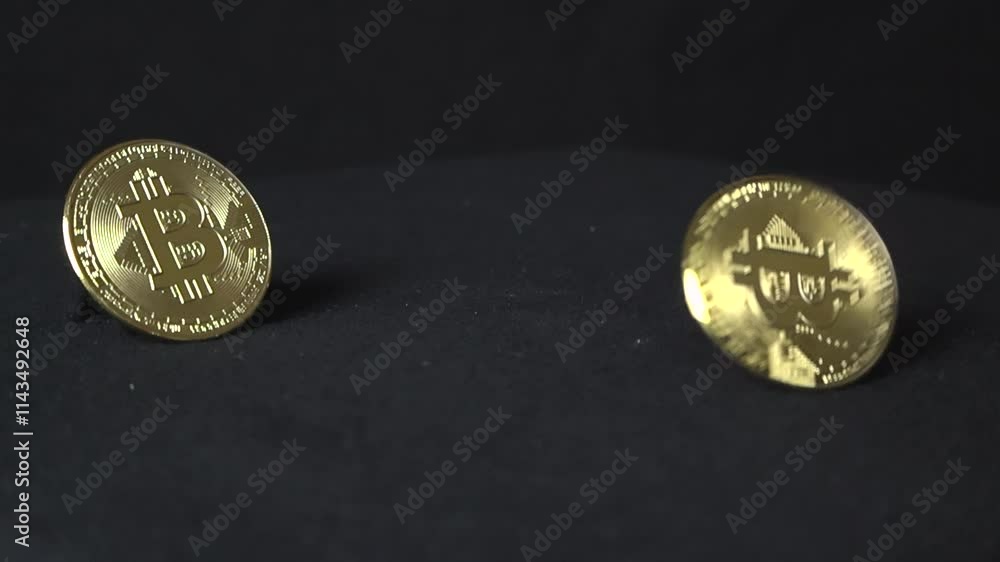 Poster two bitcoin golden yellow reflective cryptocurrency coins on a dark background, while one is standin