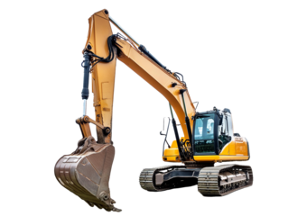 Heavy modern yellow digger excavator isolated on transparent or white background