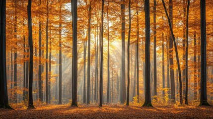 Zoom Virtual Background: Autumn forest with golden leaves and sunlight filtering through trees. Sunshine Wallpaper