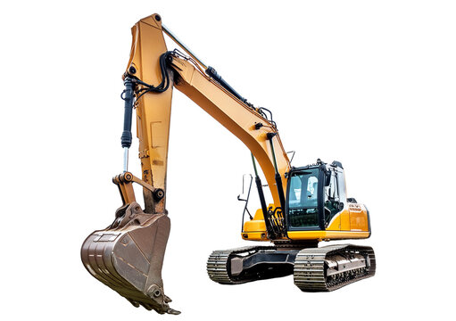 Heavy modern yellow digger excavator isolated on transparent or white background