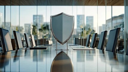Security Shield in Boardroom: A sleek, modern boardroom with a gleaming silver shield at the center of the table, symbolizing protection and security.