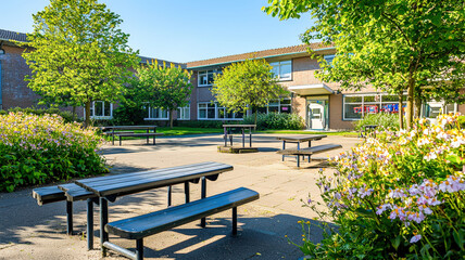 Obraz premium Schoolyard with benches surrounded by blooming flowers, creating a vibrant and welcoming atmosphere.