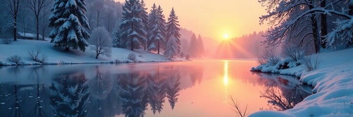 A frozen pond glimmers in the pale light of a winter sunrise, morning serenity, wintry scenery, frozen water