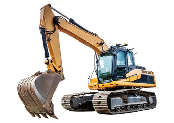 Heavy modern yellow digger excavator isolated on transparent or white background