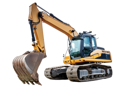 Heavy modern yellow digger excavator isolated on transparent or white background