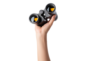 binoculars in hand isolated on transparent and white background, find and search concept