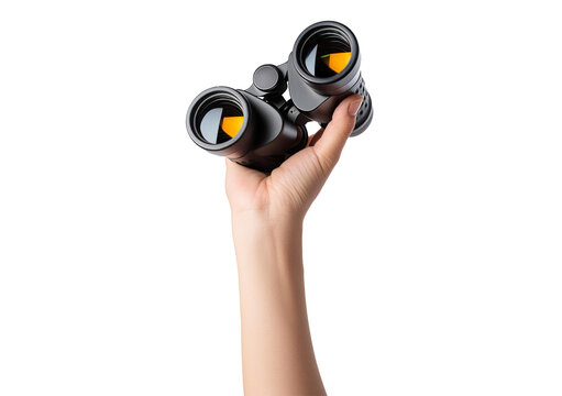 binoculars in hand isolated on transparent and white background, find and search concept