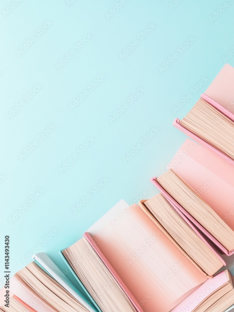 Poster pastel minimalism open books in soft light gradient on blue background