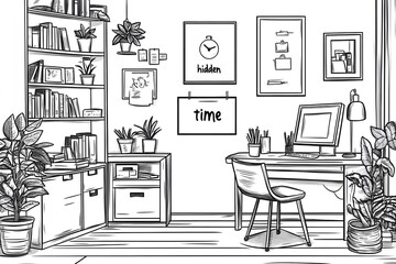 Fototapeta premium Office background with abstract elements such as office chairs and desk items. A minimalist office space with white walls, simple furniture, and clean lines. The desk is clutter-free, line art vector