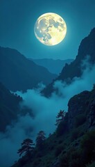 A full moon casts an enchanting glow on the rugged terrain shrouded in misty fog, gentle, ethereal, dreamy