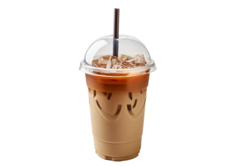 Iced cold coffee latte in plastic cup isolated on transparent and white background.