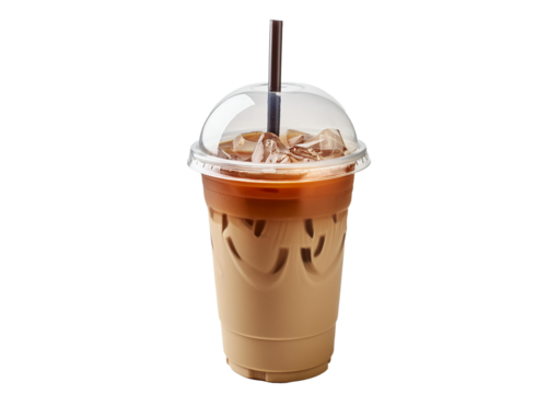 Iced cold coffee latte in plastic cup isolated on transparent and white background.