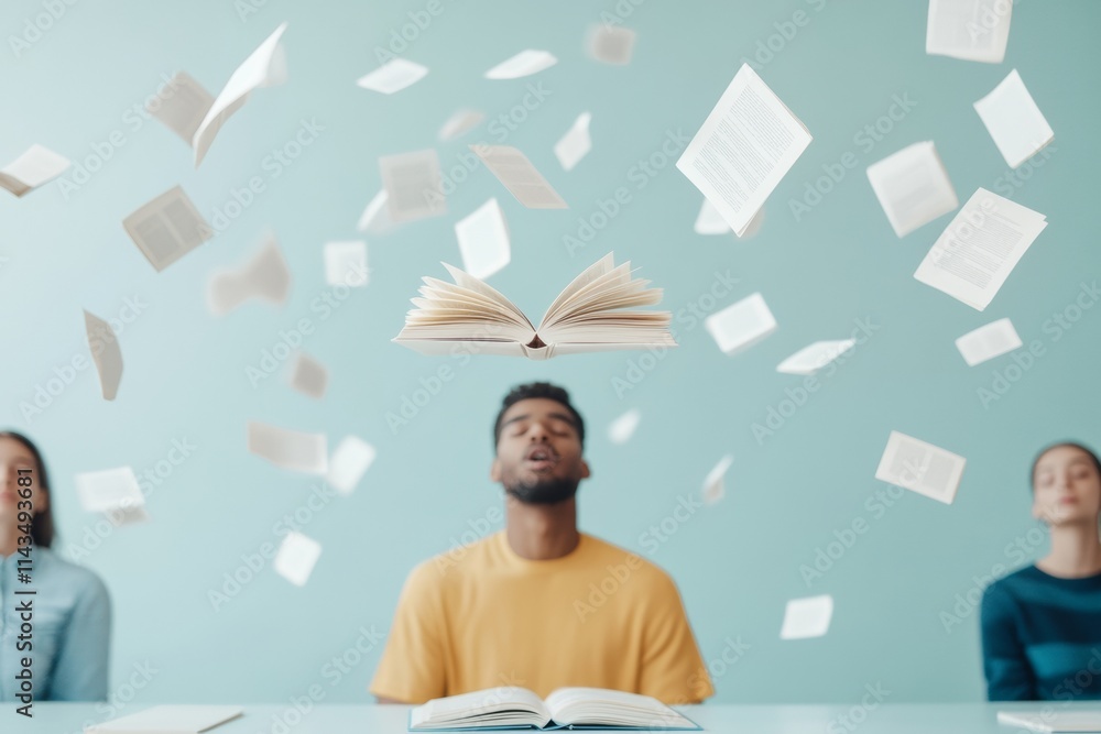 Poster meditative learning diverse group with floating books in pastel minimalism